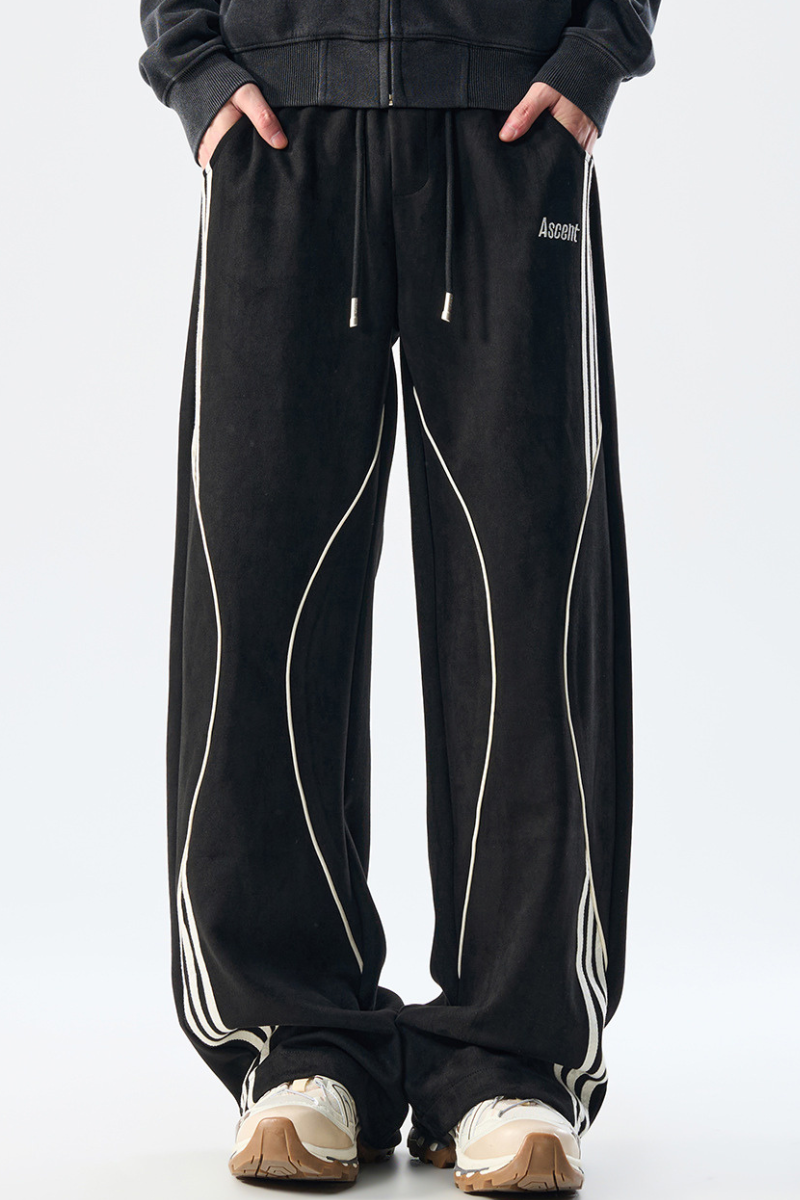 Men Curved-Line Striped Wide-Leg Casual Sweatpants.
