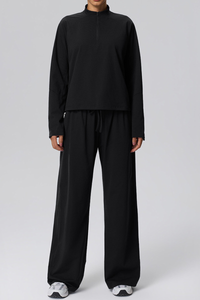 Women's Fall Half-Zip Mock Neck Top And Wide-Leg Casual Pant