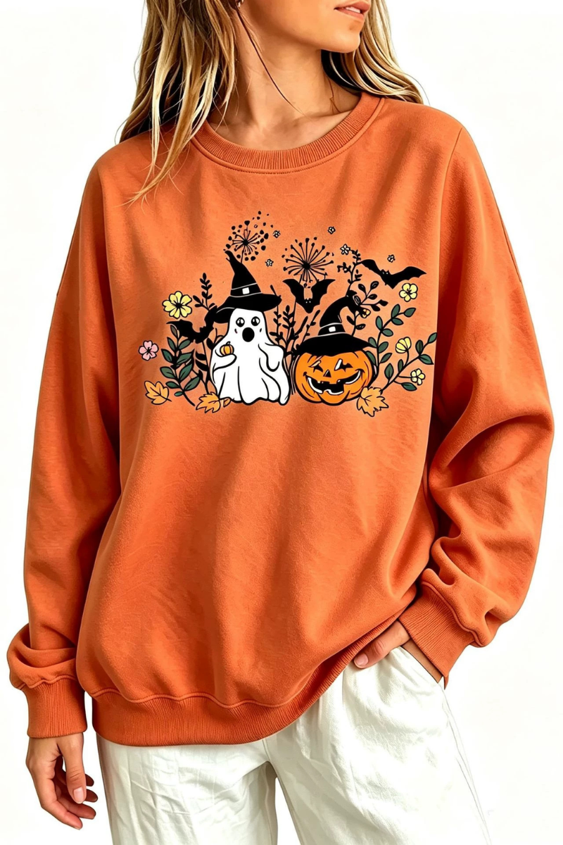 Women's Fall Halloween Witch Ghost Floral Horror Sweatshirt
