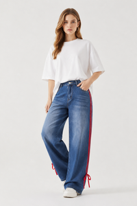 Women's High Waist Wide Leg Jeans with Red Side Stripe