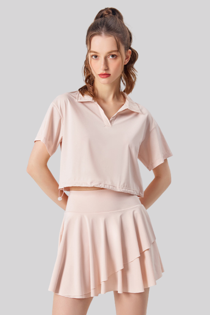 Women's Tennis Sets:Polo Collar Cropped Tee & Skirt
