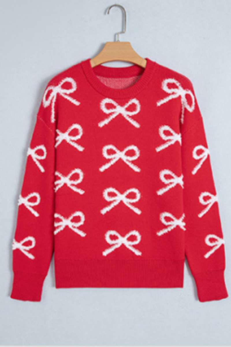 Women Red Crew Neck Sweater All Over White Bow Long Sleeve