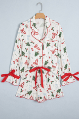 Women Christmas Long Sleeved Lapel Bow  Pajama Set
