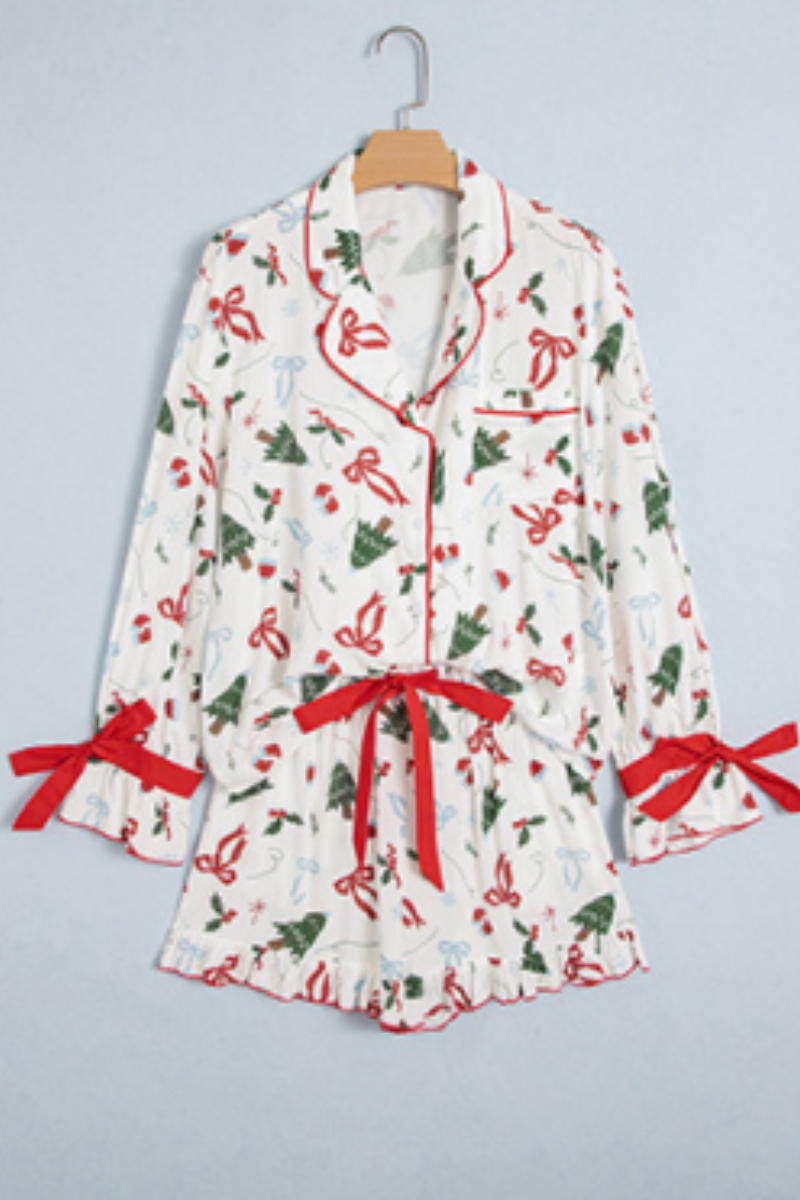 Women Christmas Long Sleeved Lapel Bow  Pajama Set