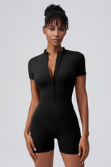 Women's Round Neck Zip Sculpting Long Sleeve Shorts Jumpsuit