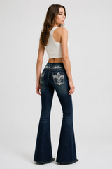 Women's Mid-Rise Flare Jeans with Retro Embroidery