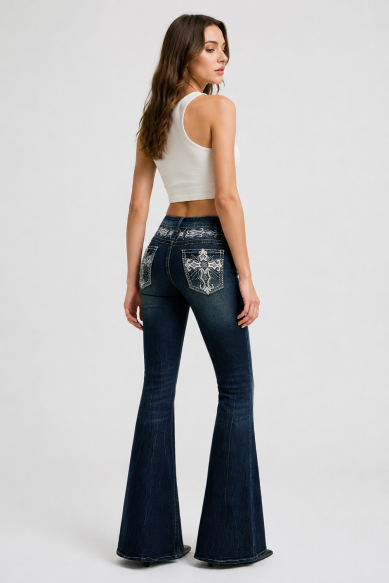 Women's Mid-Rise Flare Jeans with Retro Embroidery