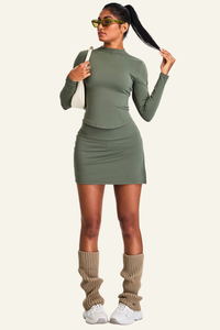 Women's Athletic Set:Stand Collar Long Sleeve T-shirt&Skirt