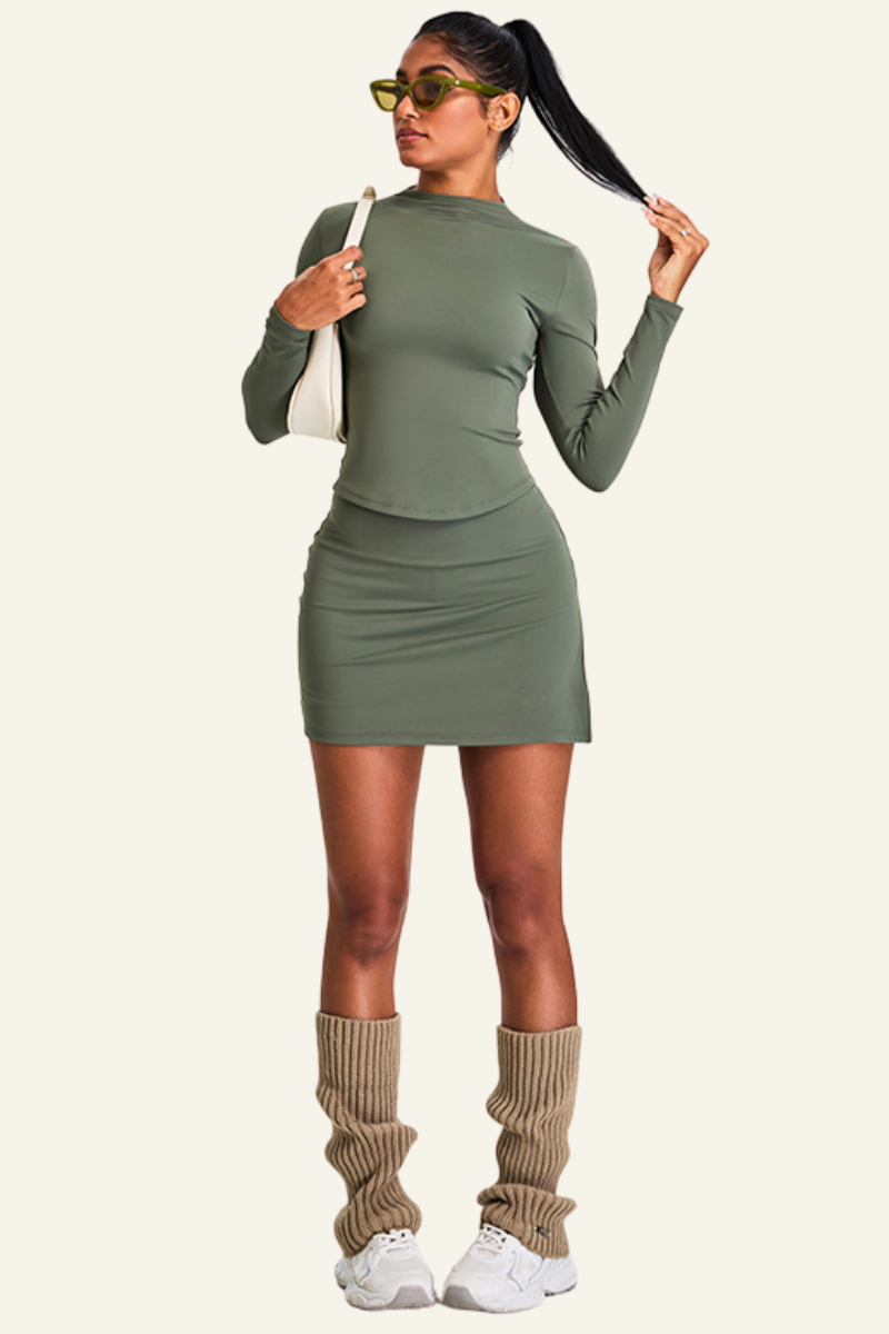 Women's Athletic Set:Stand Collar Long Sleeve T-shirt&Skirt