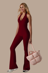 Women's V-neck Halterneck Backless Flared Sport Jumpsuit