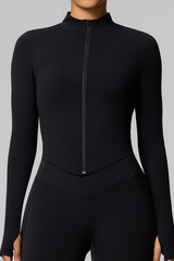 Women's Zip-Up Mock Neck V-Waist and Thumbhole Cuffs Jacket