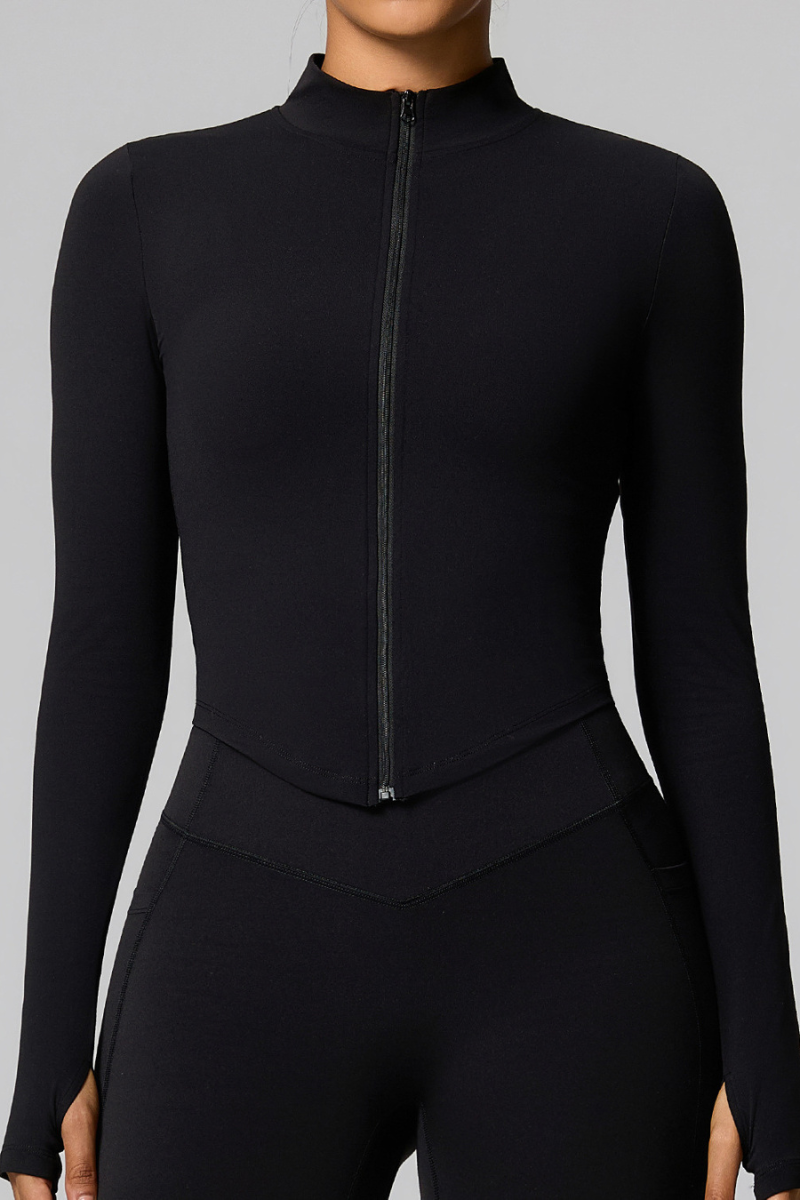 Women's Zip-Up Mock Neck V-Waist and Thumbhole Cuffs Jacket