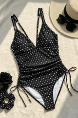 Women's Retro Polka-Dot Side Drawstring V-neck Swimsuit