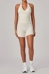 Women's Athletic Set:Halterneck Pleated V-neck Bra & Shorts