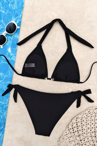 Women's Triangle Cup Halter Side Tie Solid Open Back Bikini