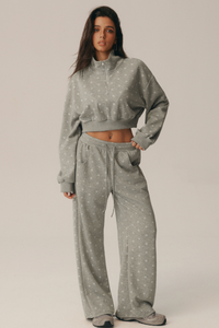 Women's Fall Polka Dot 1/4Zip Sweatshirt And Pants Set