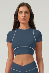Women's  Color-Block Piping Cropped Mock Neck Sports Top