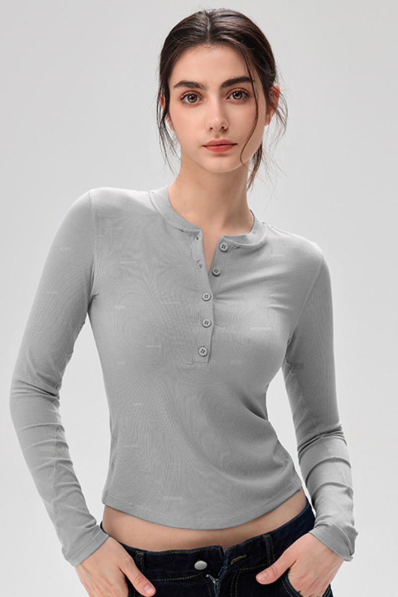 Women's Henley Neck Ribbed Slim Fit Long Sleeve Sports Top