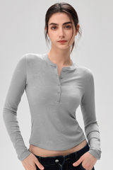 Women's Henley Neck Ribbed Slim Fit Long Sleeve Sports Top
