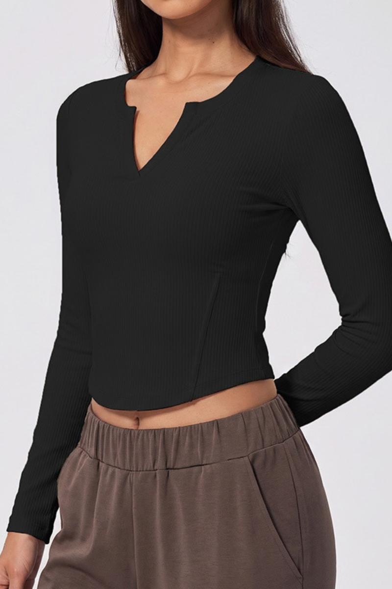Women's Fall V-neck Slim Fit Ribbed Cropped Long Sleeve Top