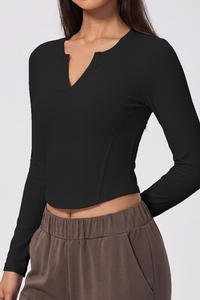 Women's Fall V-neck Slim Fit Ribbed Cropped Long Sleeve Top