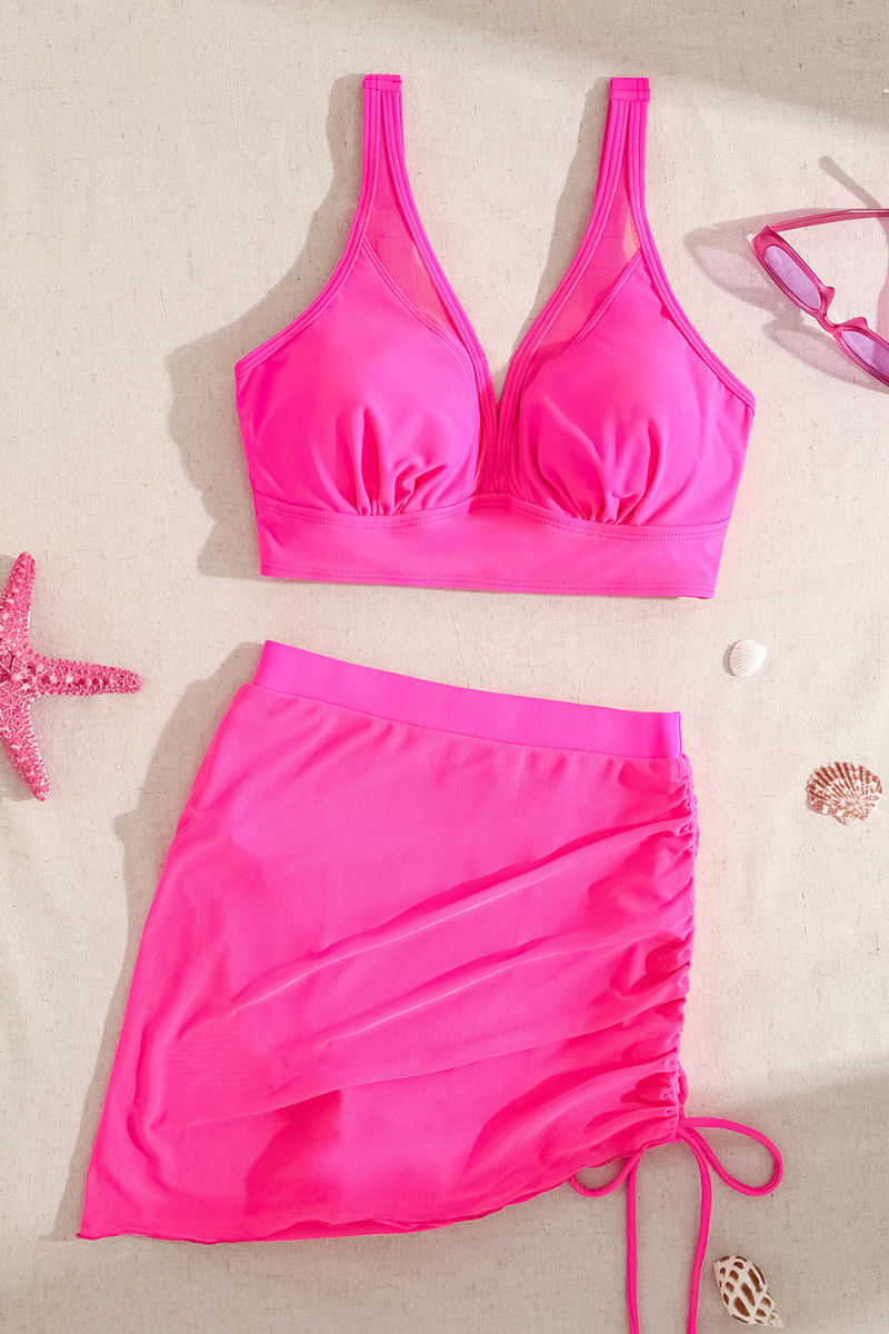 Women's V-neck Mesh Panel Ruched Skirted Two Piece Bikini