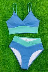 Women's V-Neck Color Block Crossover High Waisted Bikini