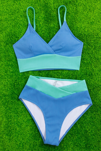 Women's V-Neck Color Block Crossover High Waisted Bikini