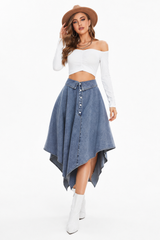 Women's High Waist Button Front Asymmetrical Denim Skirt