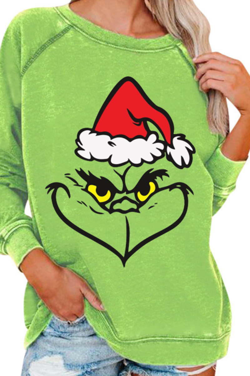 Women's Fall Cotton Christmas Grinch Cartoon Raglan Pullover