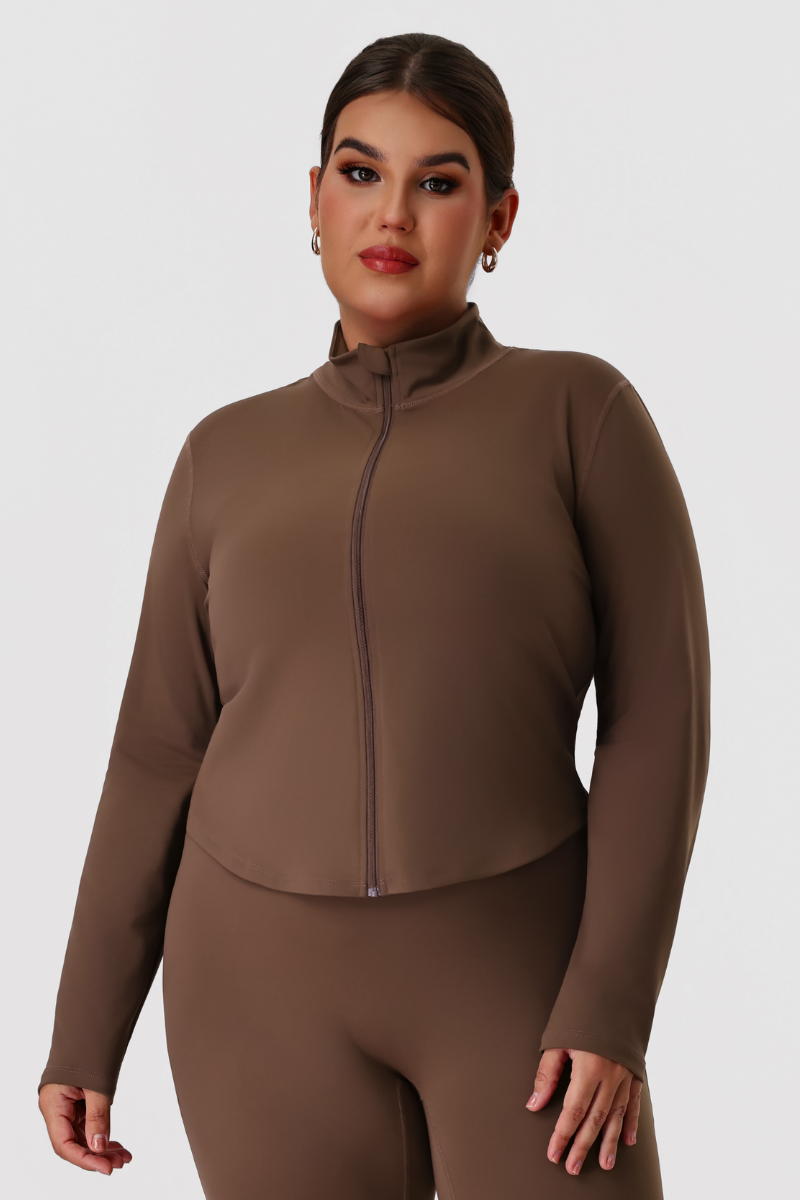 Plus Size Women's Mock Neck Curved Hem Long Sleeve Yoga Jacket