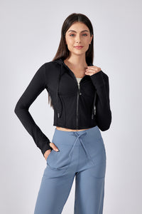 Women Hooded Drawstring Short Slim Outdoor Sports Fitness Yoga Jacket