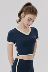 Women Slim Color Block V neck Cropped Yoga Athletic Tee