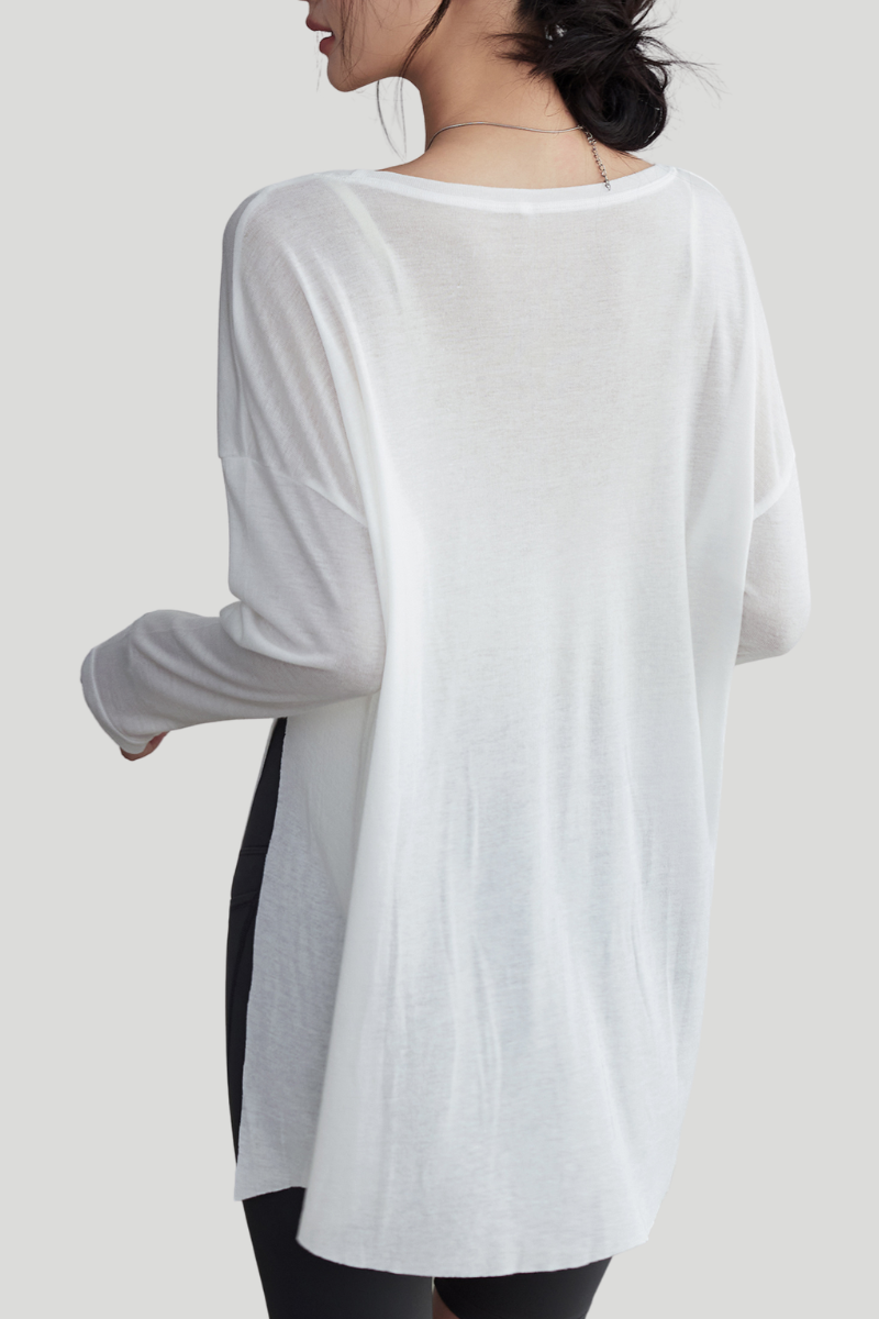 Women's Spring Summer Loose Fit Sheer Side Slit Long Sleeve Top