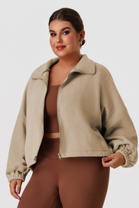 Plus Size Women's Double-Sided Fleece Cropped Drawstring Stand Collar Jacket