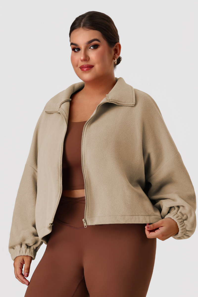 Plus Size Women's Double-Sided Fleece Cropped Drawstring Stand Collar Jacket
