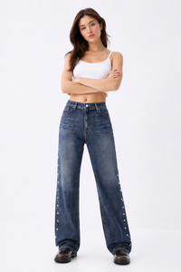 Women's High Waist Side Studded Wide Leg Jeans