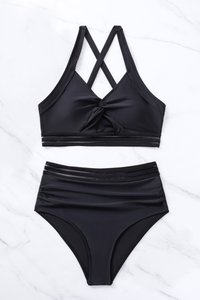 Women's Twist Front Criss Cross Back Mesh Panel Bikini
