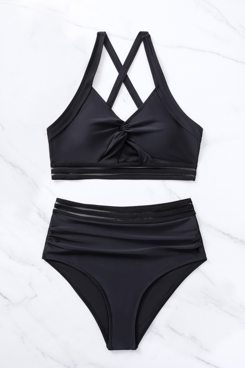 Women's Twist Front Criss Cross Back Mesh Panel Bikini