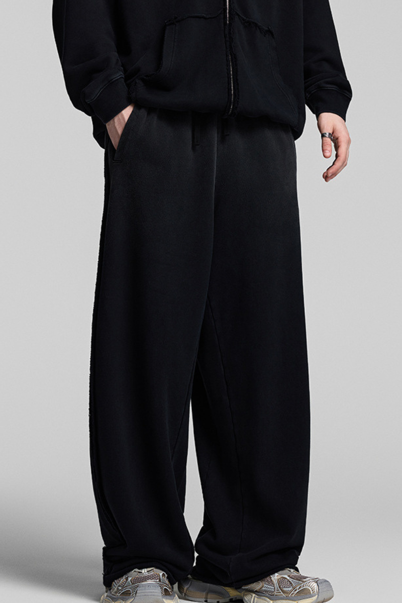 Water-washed, distressed, straight-leg casual pants