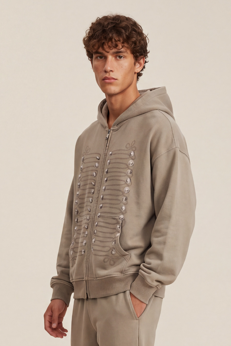Men's Fall 100% Cotton Vintage Button-Print Hooded Jacket