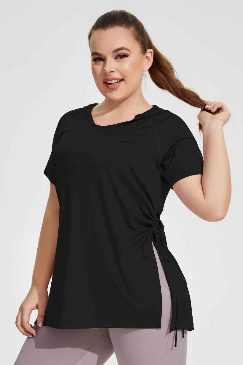 Plus Size Women's Side Drawstring Slit  Hooded T-shirt