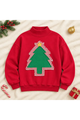 Women's Fall Christmas Tree Color Block Mock Neck Sweatshirt