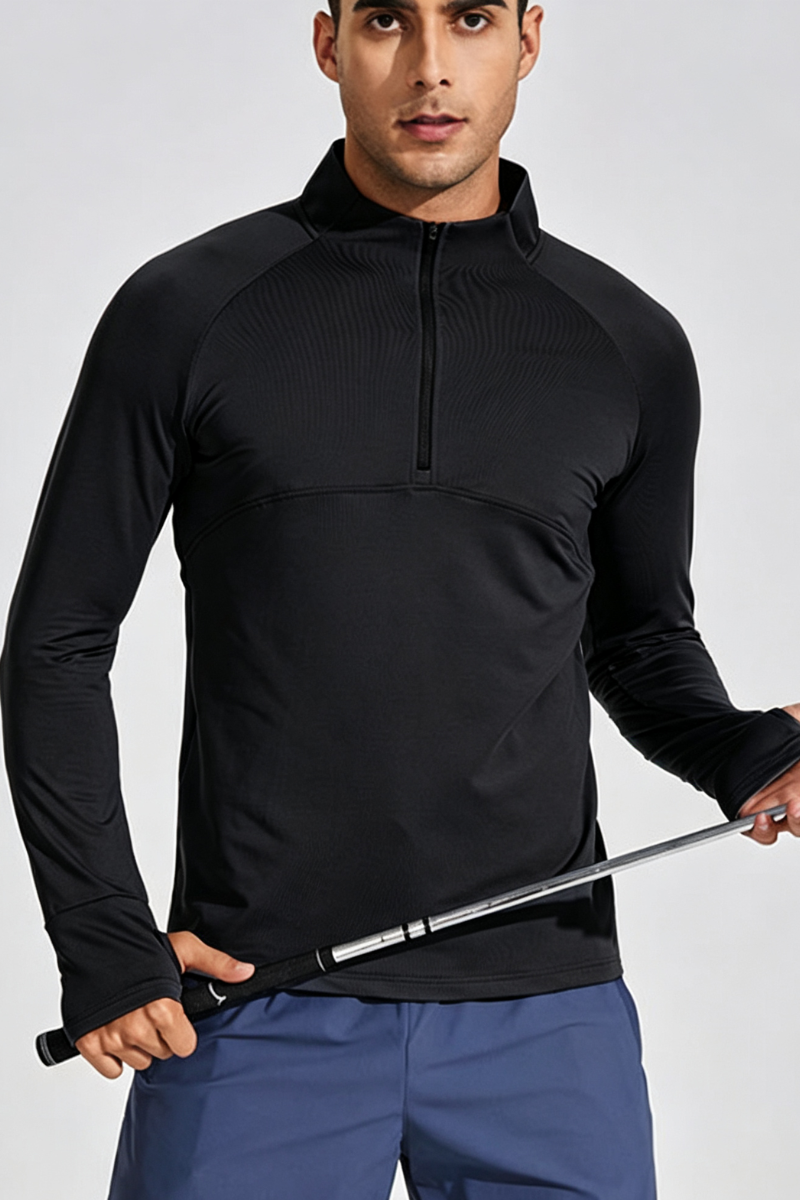 Men's Half Zip Mock Neck Finger Cuffs Long Sleeve Sports Top
