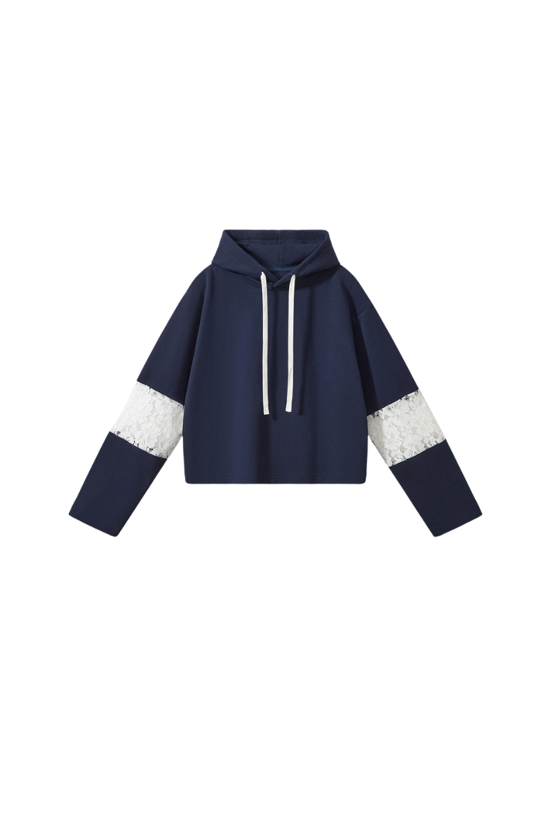 Women's Fall Cropped Openwork Lace Patchwork Hoodie
