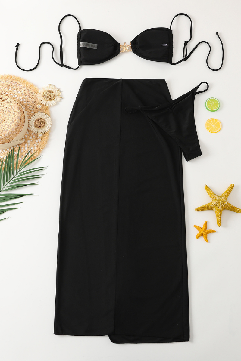Women's Tie Side Slit Maxi Skirt Sexy Bikini 3 Piece Set