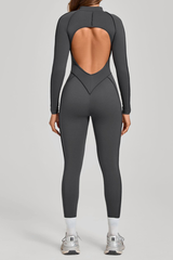 Women's Half-Zip Open Back Jumpsuit with Contoured Seams