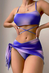 Women's Tie Dye Back Tie High Waist Bikini Set - 3pcs
