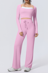 Women Sets:Cropped Long Sleeve T-shirt And Straight Leg Pant