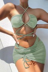 Women's Halter Ruched Triangle Drawstring Cover-up Set-3pcs